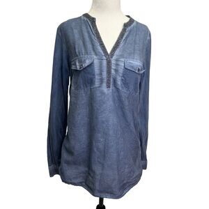 Soya Concept Blue Chambray Henley V-neck Long Sleeve Blouse Size S